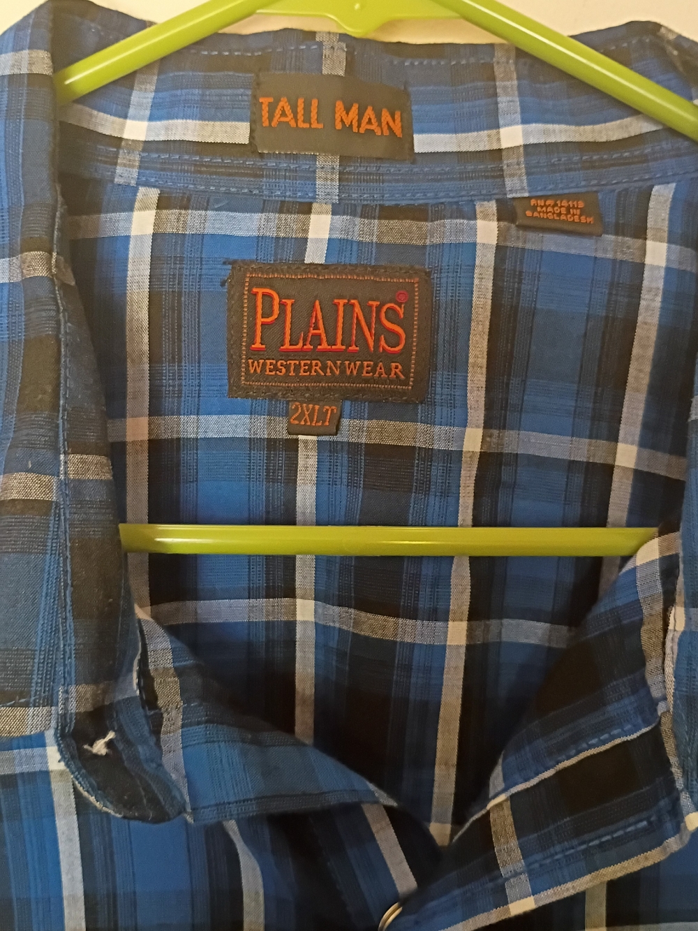 Plains Westernwear Men's Blue Plaid Casual Button Down Shirt - Tall Man